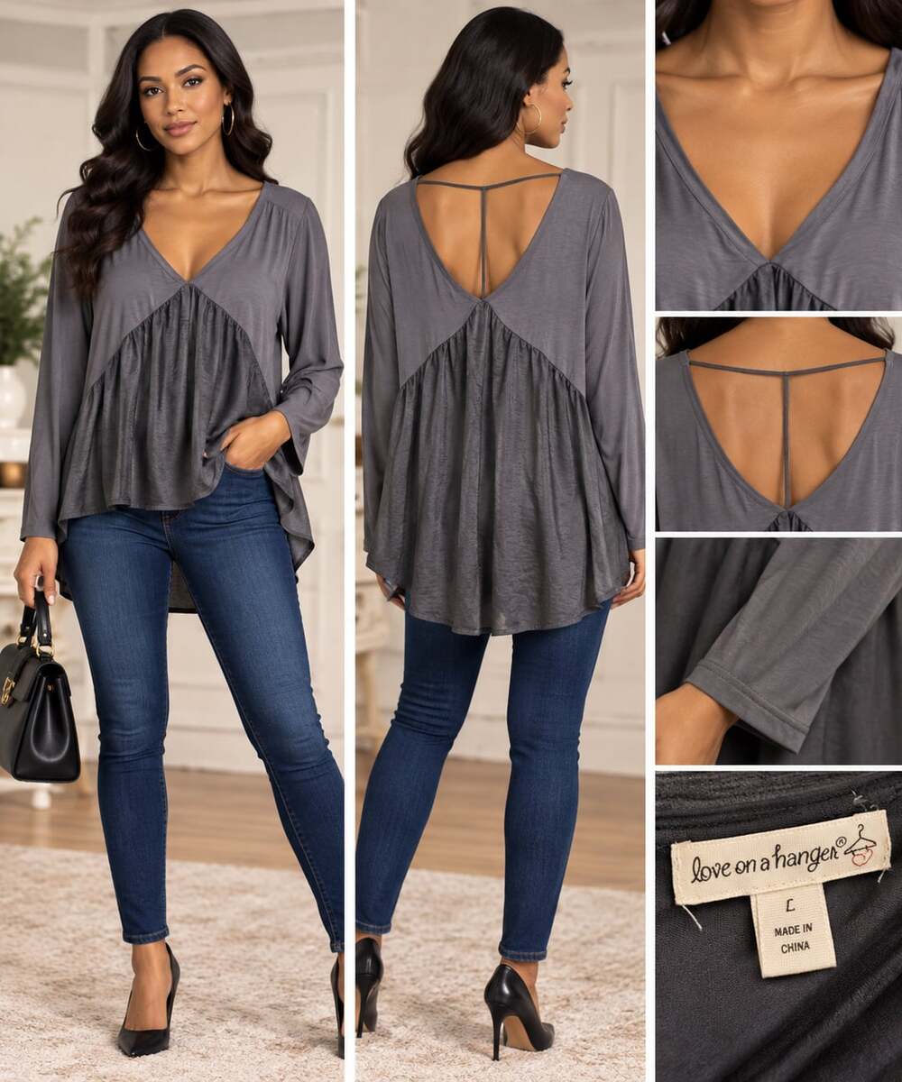 love on a hanger V-Neck Babydoll Top Size L Gray